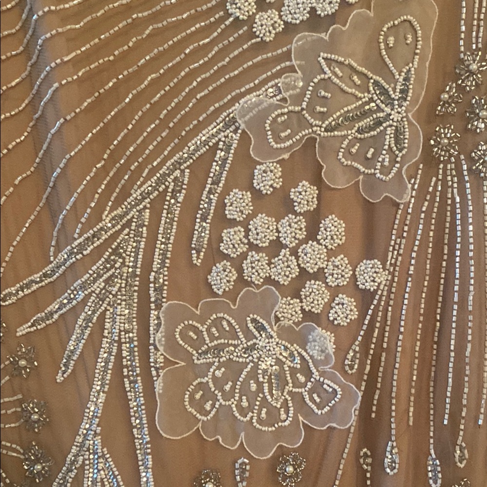 Adrianna Papell Tan and Gold Sheath Dress with Bishop Sleeves - Picture 4 of 5